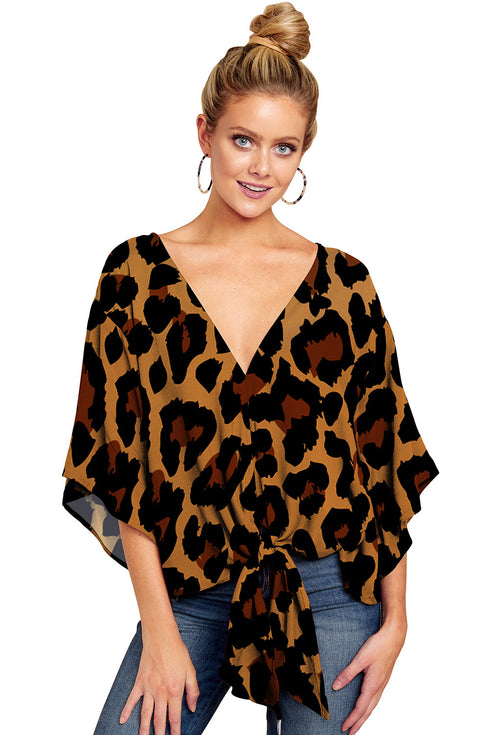 Women's Leopard Print Floral Tie Front Shirt